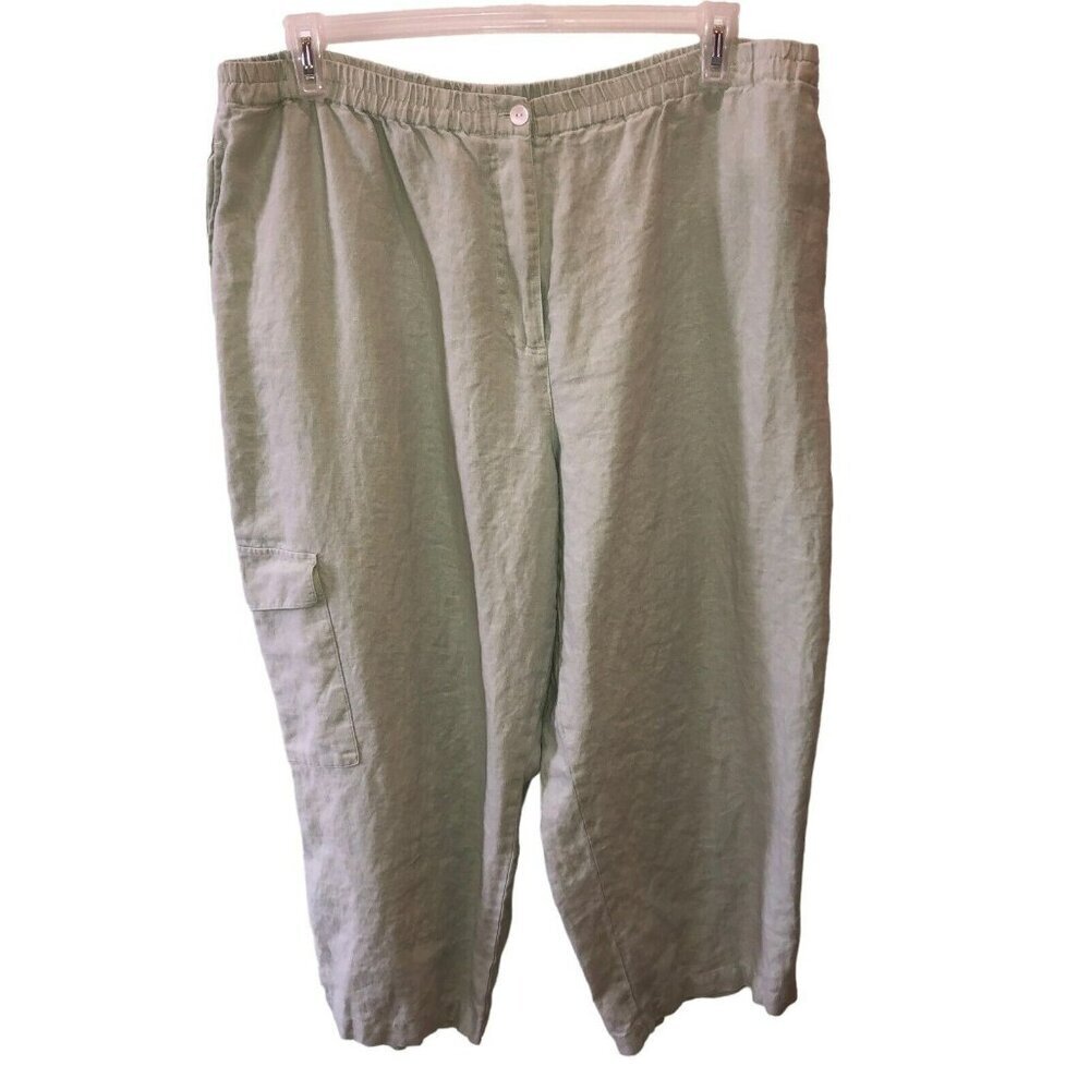 Linden Hill Womens Size XL Sage Green Linen Stretch Waist Cargo Capris Pants 1X - Picture 2 of 11